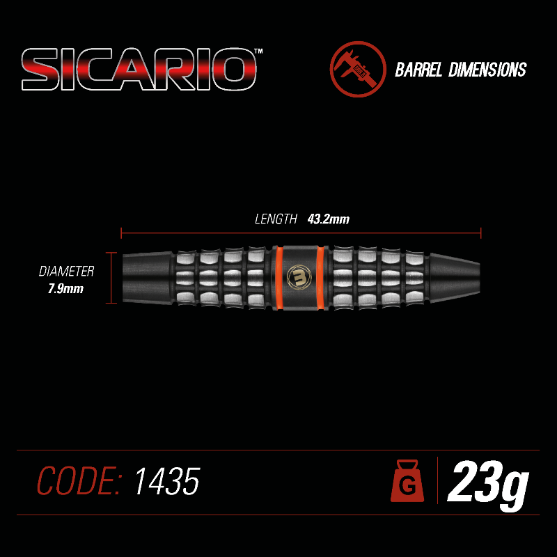 Sicario barrel dimensions on a black background with product details.