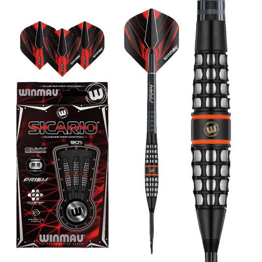 A set of three black, red, and silver Winmau Sicario 90% Tungsten darts with Prism Force medium shafts and Prism Alpha standard flights, displayed with their packaging.