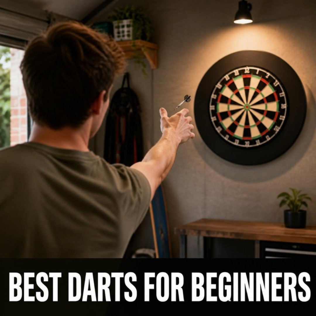 Player throwing a steel tip dart at a bristle dartboard in a home games room, with the headline Best Darts for Beginners
