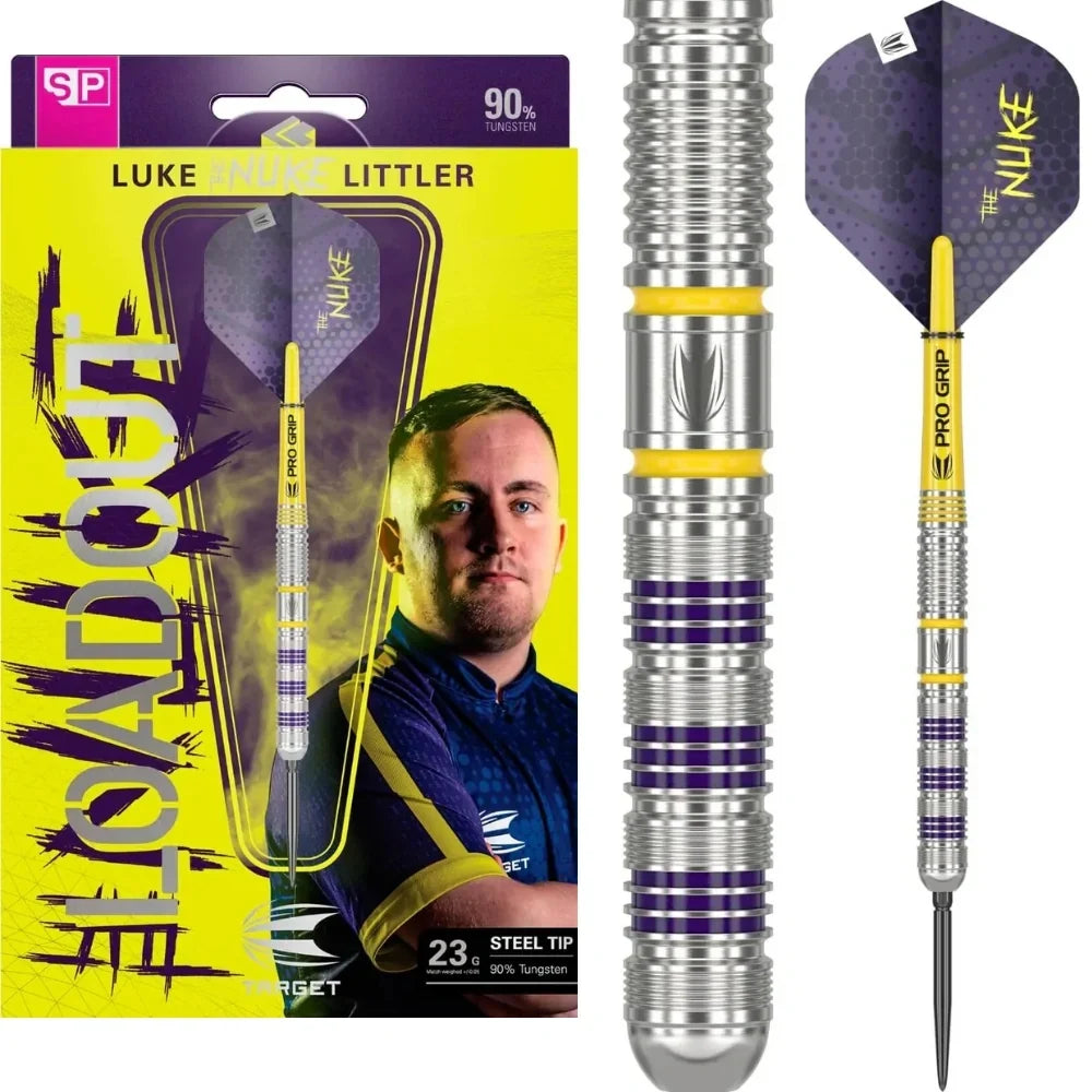 Target Luke Littler signature straight barrel darts in purple and yellow