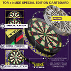 TOR x Nuke Special Edition Dartboard  and Surround with various features highlighted 