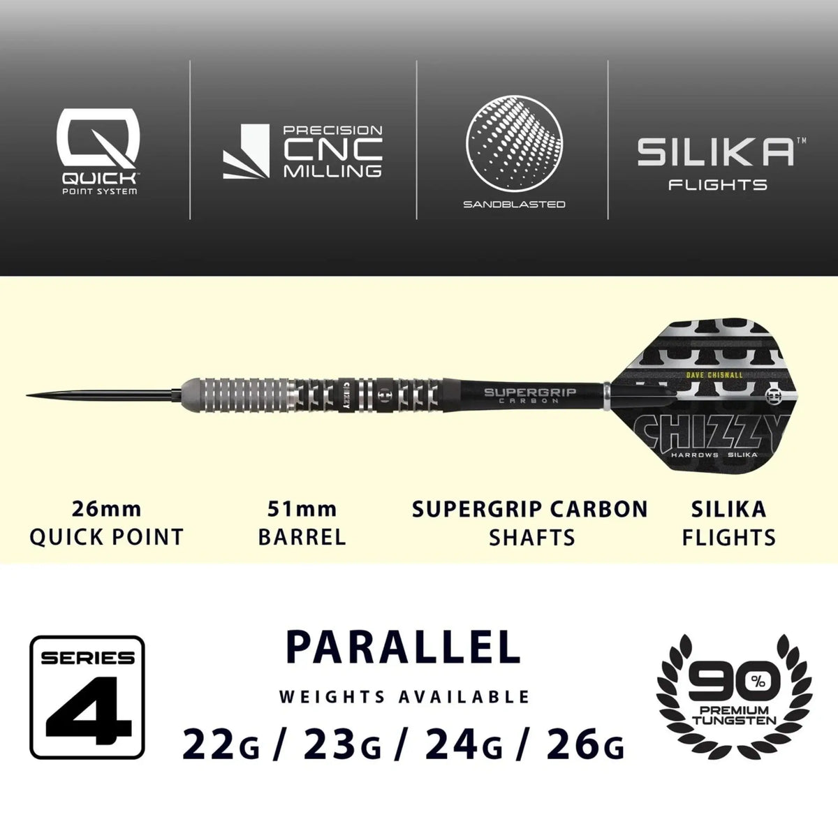 Harrows Dave Chisnall Chizzy Series 4 90% Tungsten Quick Point Steel Tip Darts