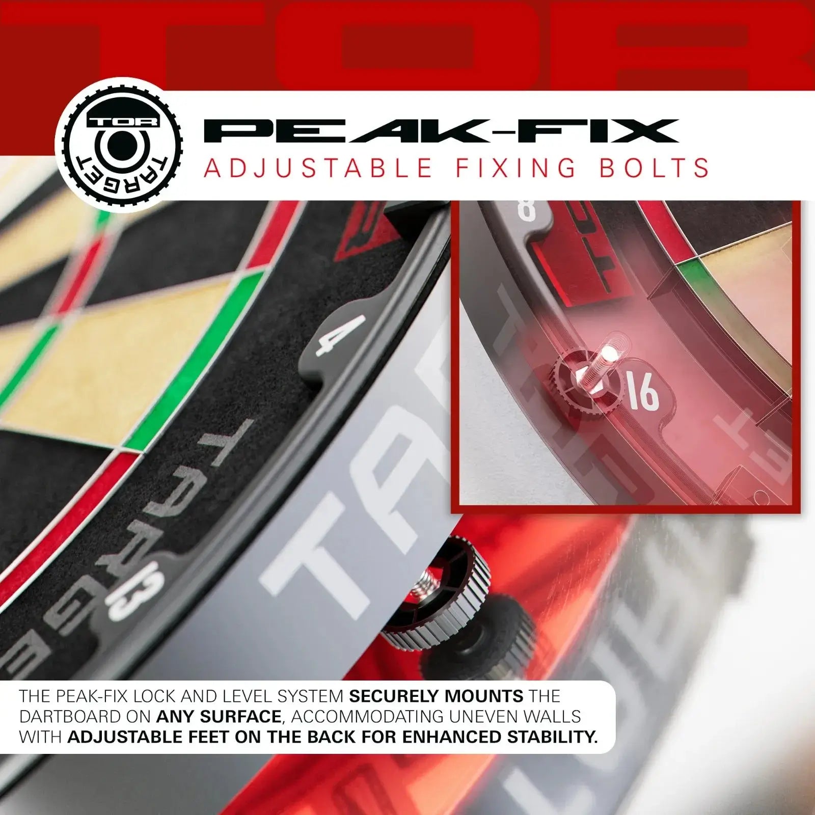Peak-Fix adjustable fixing bolts with close-up details on a dartboard background