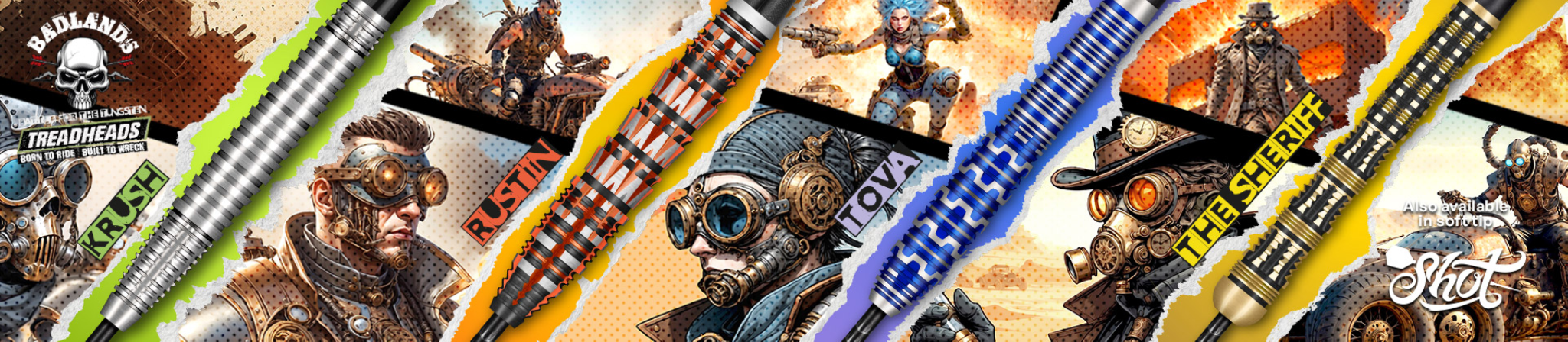 Collage of steampunk-themed darts with various designs and branding.