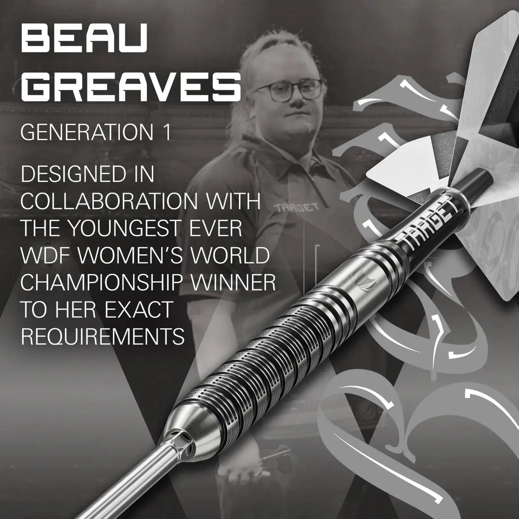 Dart with 'Target' branding and text about Beau Greaves and a world championship winner on a dark background.