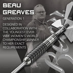 Dart with 'Target' branding and text about Beau Greaves and a world championship winner on a dark background.