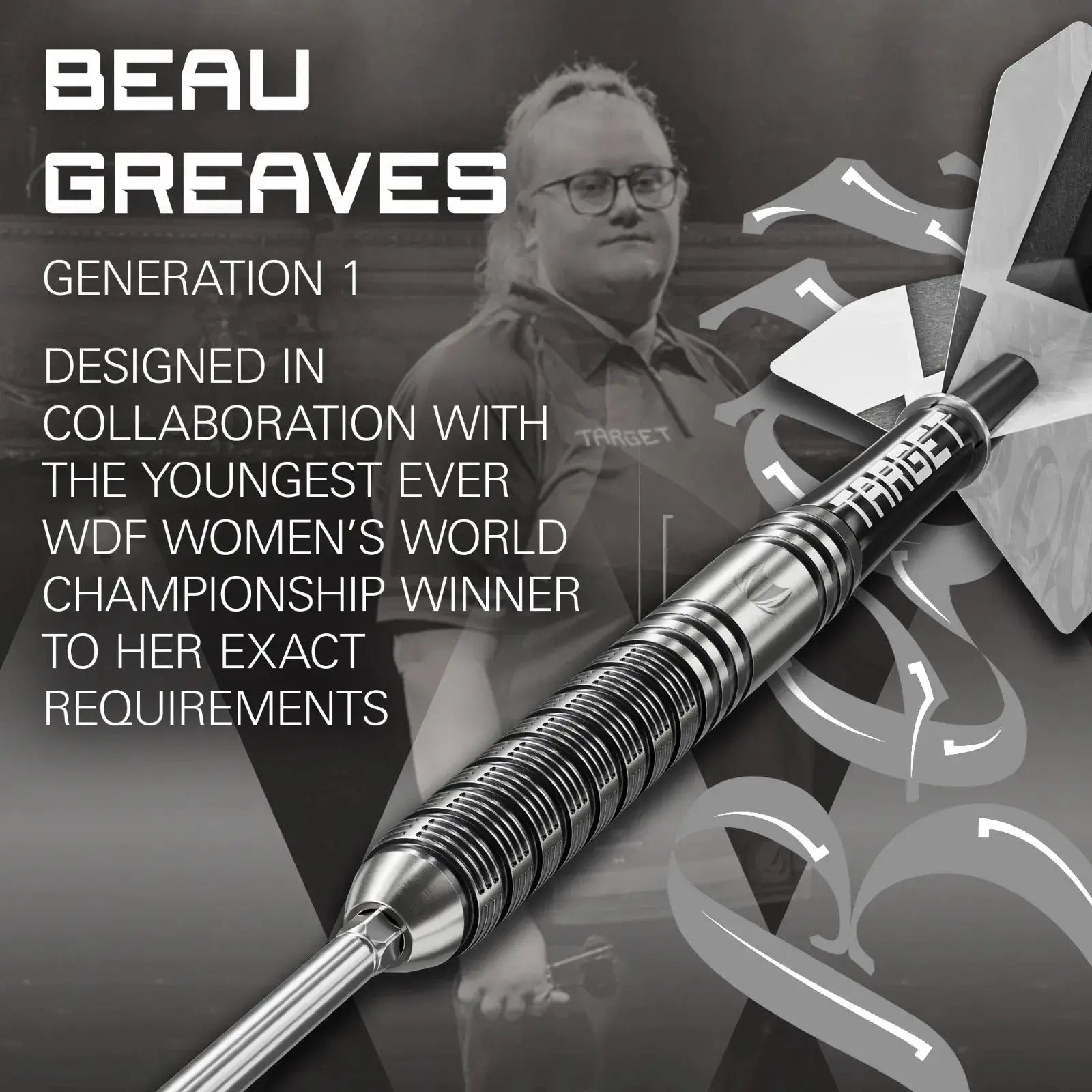 Dart with 'Target' branding and text about Beau Greaves and a world championship winner on a dark background.