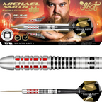 Michael Smith darts packaging with a close-up of a dart and branding details.