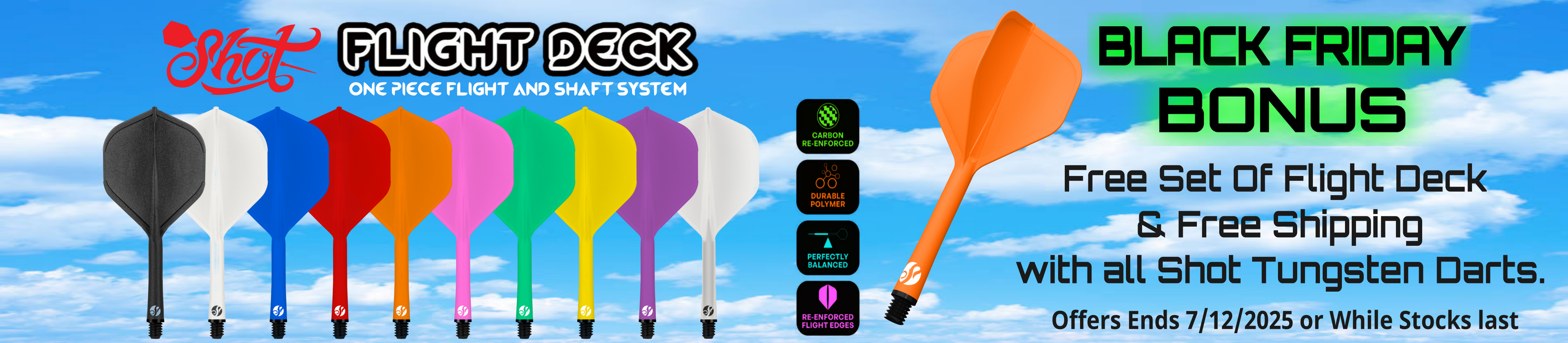 Promotional banner for Shot Flight Deck with colorful darts and black Friday offer text.