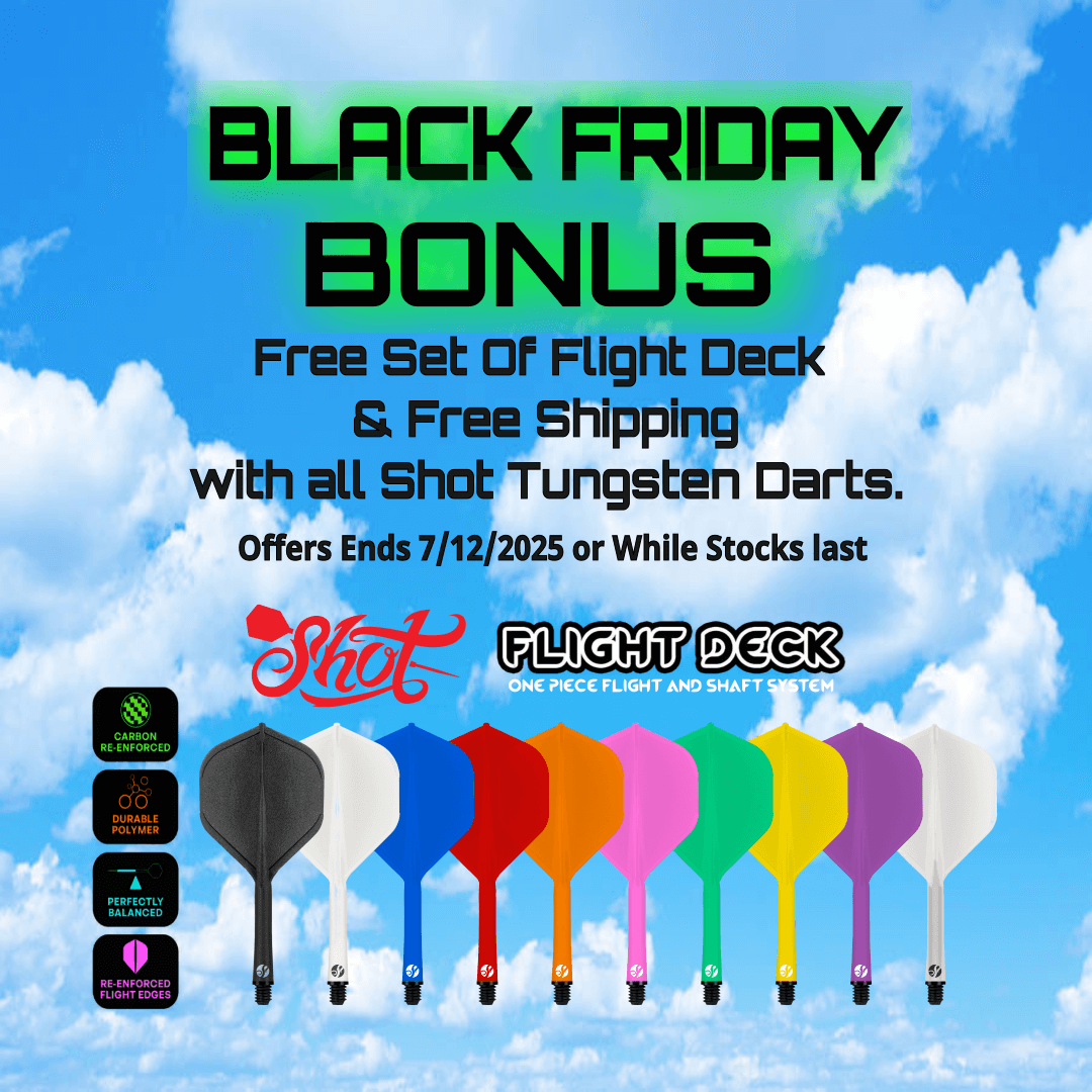 Promotional graphic for Shot Tungsten Darts with colorful flight decks against a blue sky background.