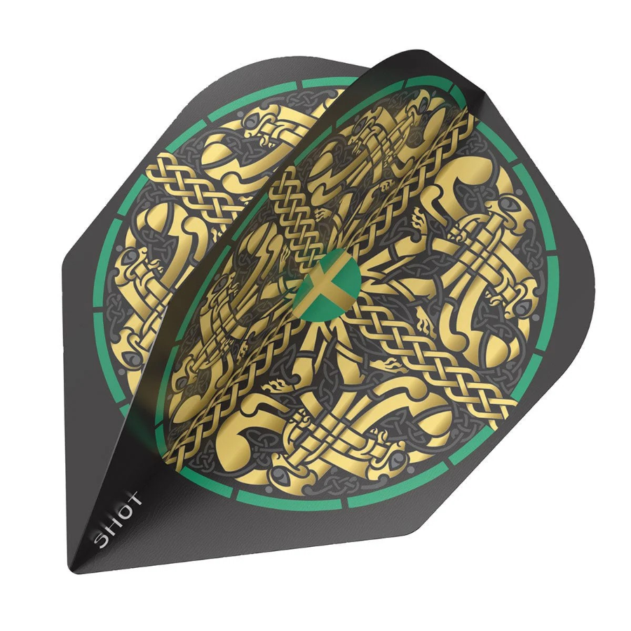 Decorative dart flight with gold and green Celtic knot design on a black background