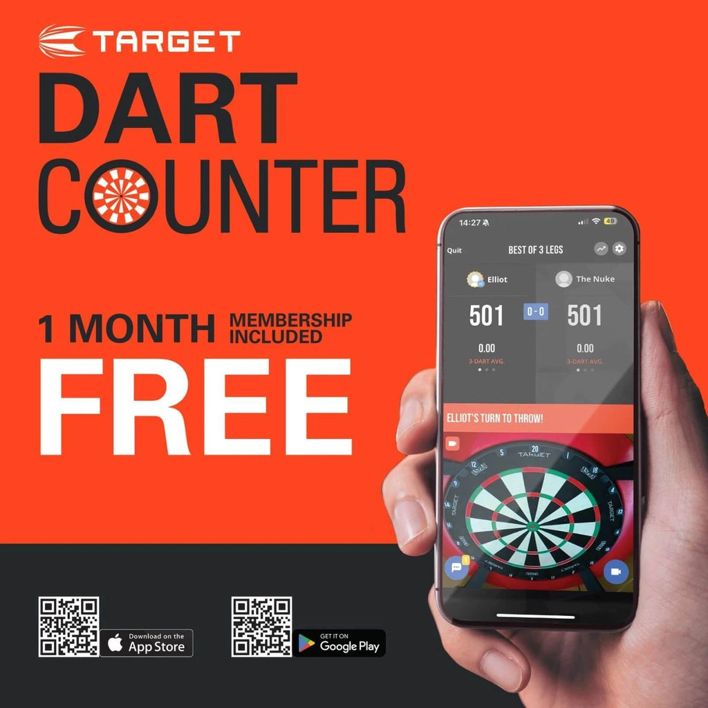 Promotional image of Target Dart Counter app with a phone displaying the app on an orange background.