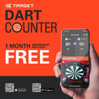 Promotional image of Target Dart Counter app with a phone displaying the app on an orange background.
