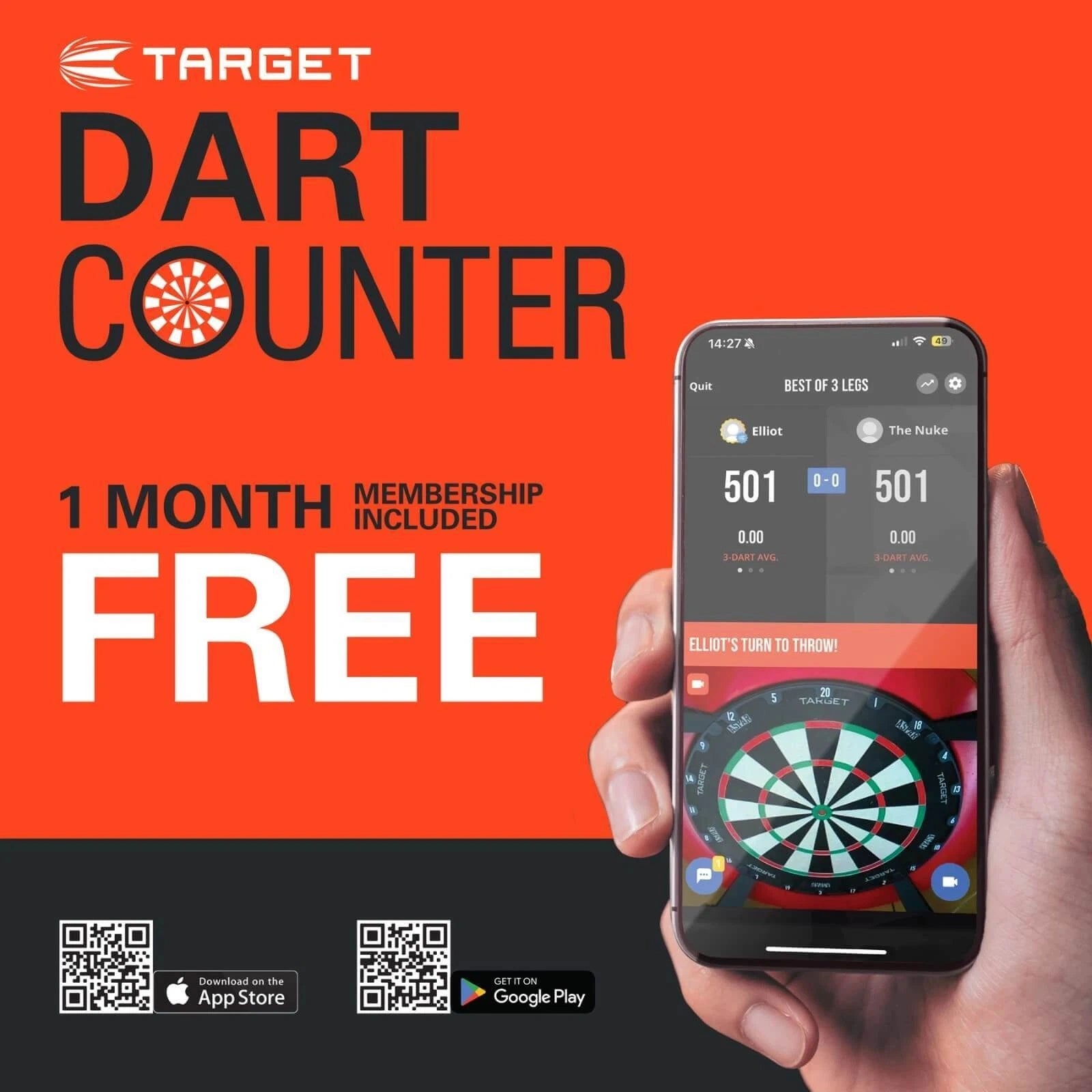 Promotional image of Target Dart Counter app with a phone displaying the app on an orange background.