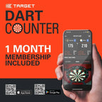 Promotional image of Target Dart Counter app with a hand holding a smartphone displaying the app.