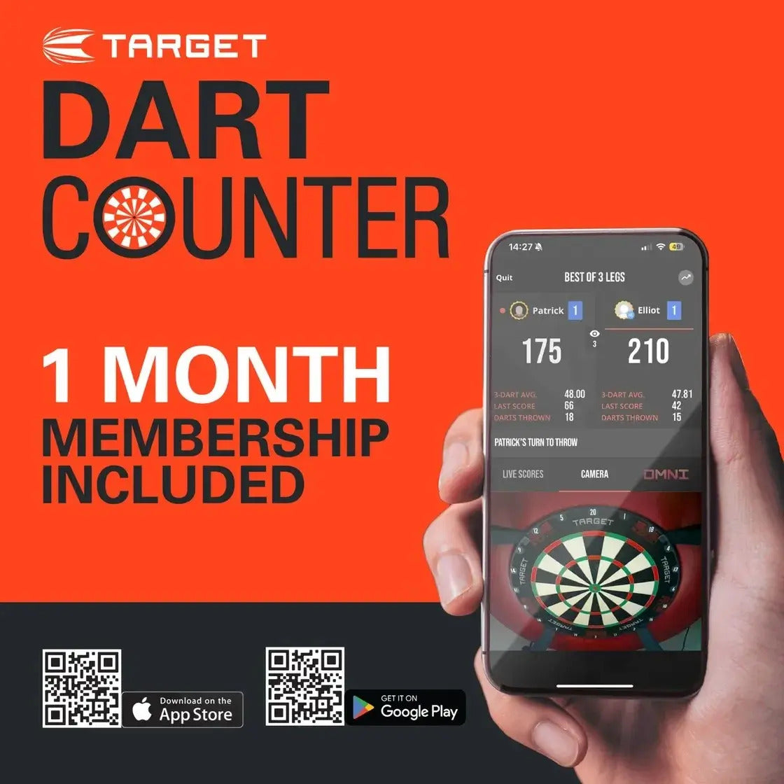 Promotional image of Target Dart Counter app with a hand holding a smartphone displaying the app.