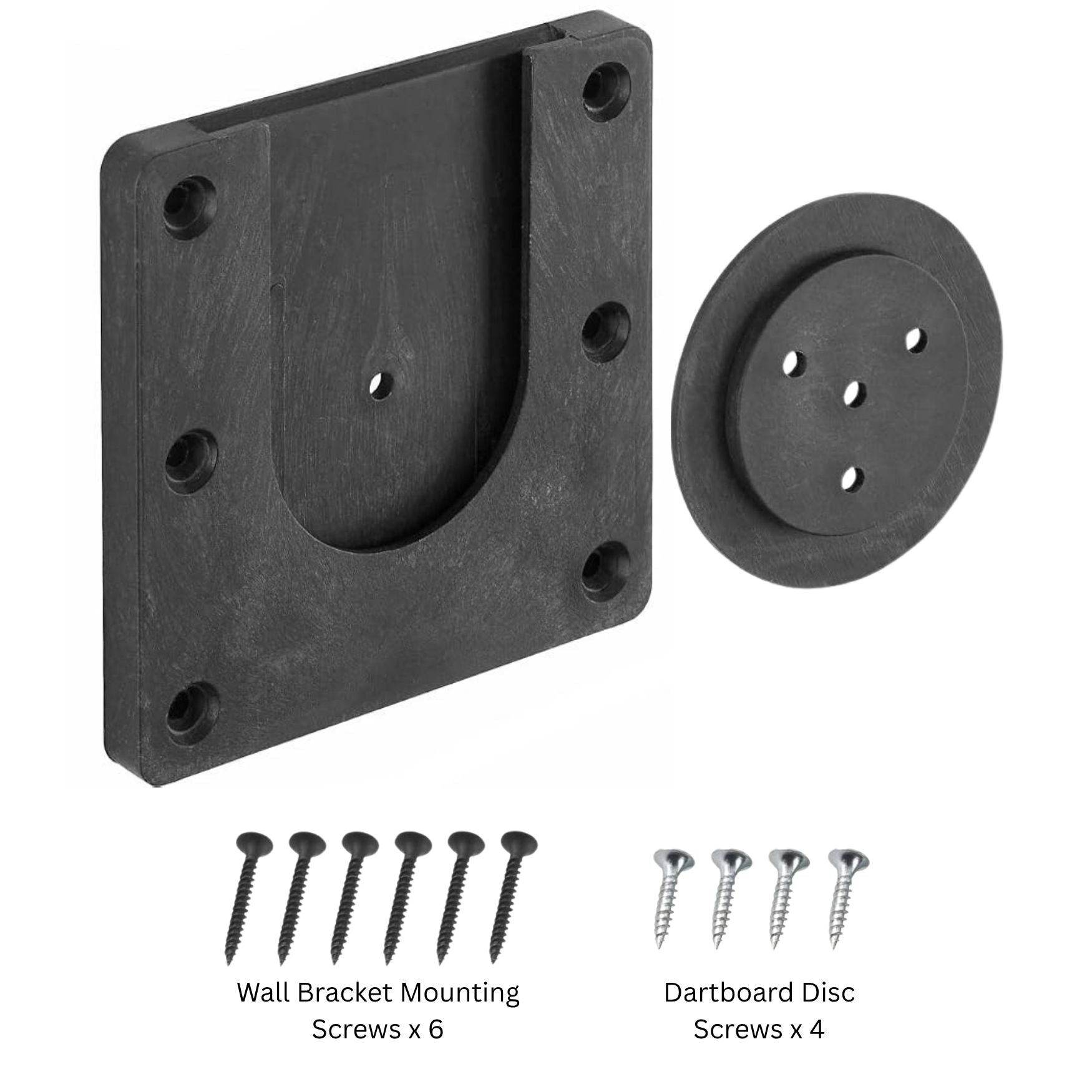 Ezy-Lok dartboard wall bracket kit with a square mounting plate, round bracket cover, six wall bracket mounting screws, and four dartboard disc screws