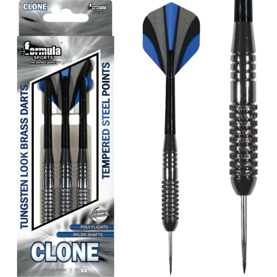 Two darts with blue and black design next to their packaging labeled 'Clone'.