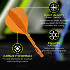 Orange dart with text highlighting flight stability, control, and performance on a blurred background