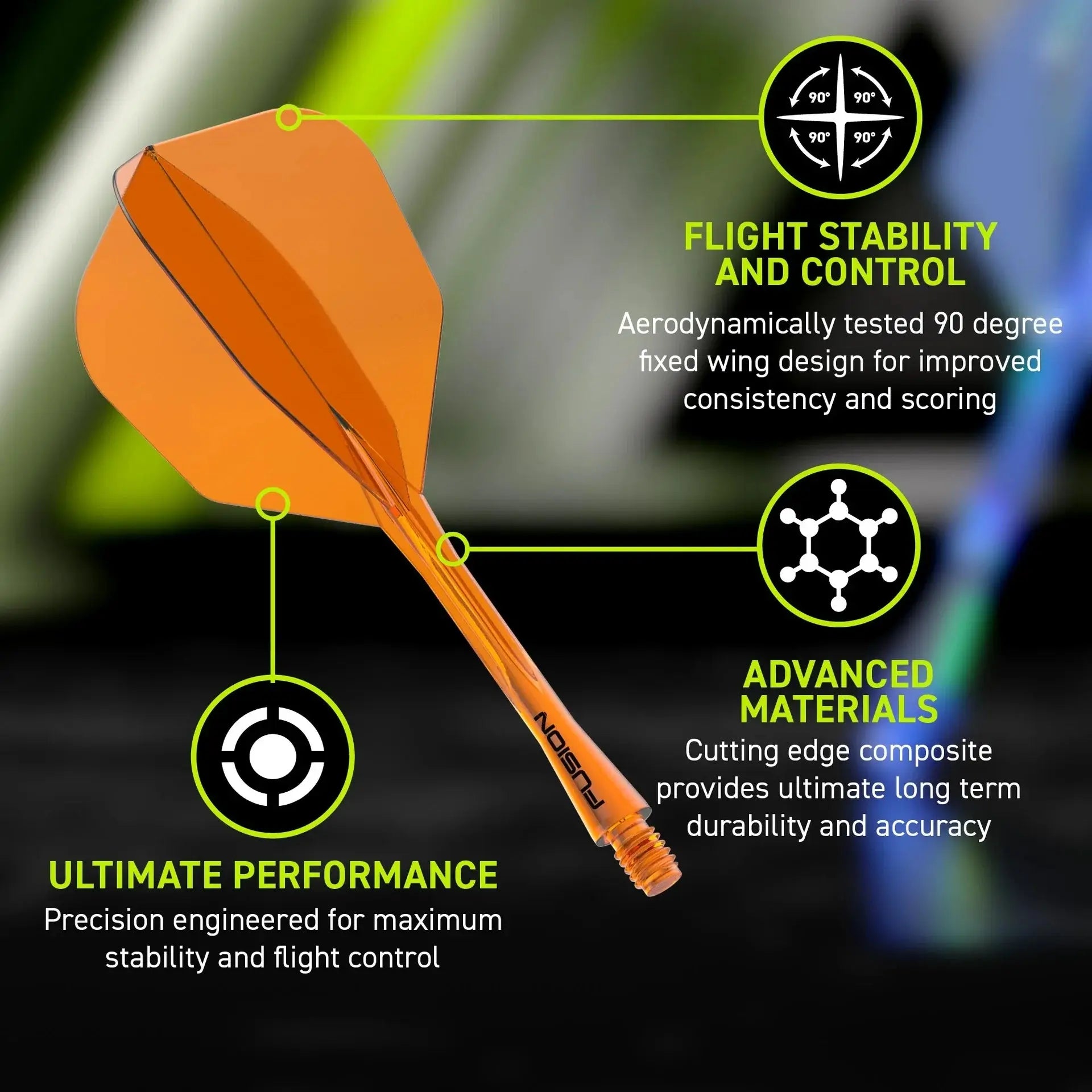 Orange dart with text highlighting flight stability, control, and performance on a blurred background