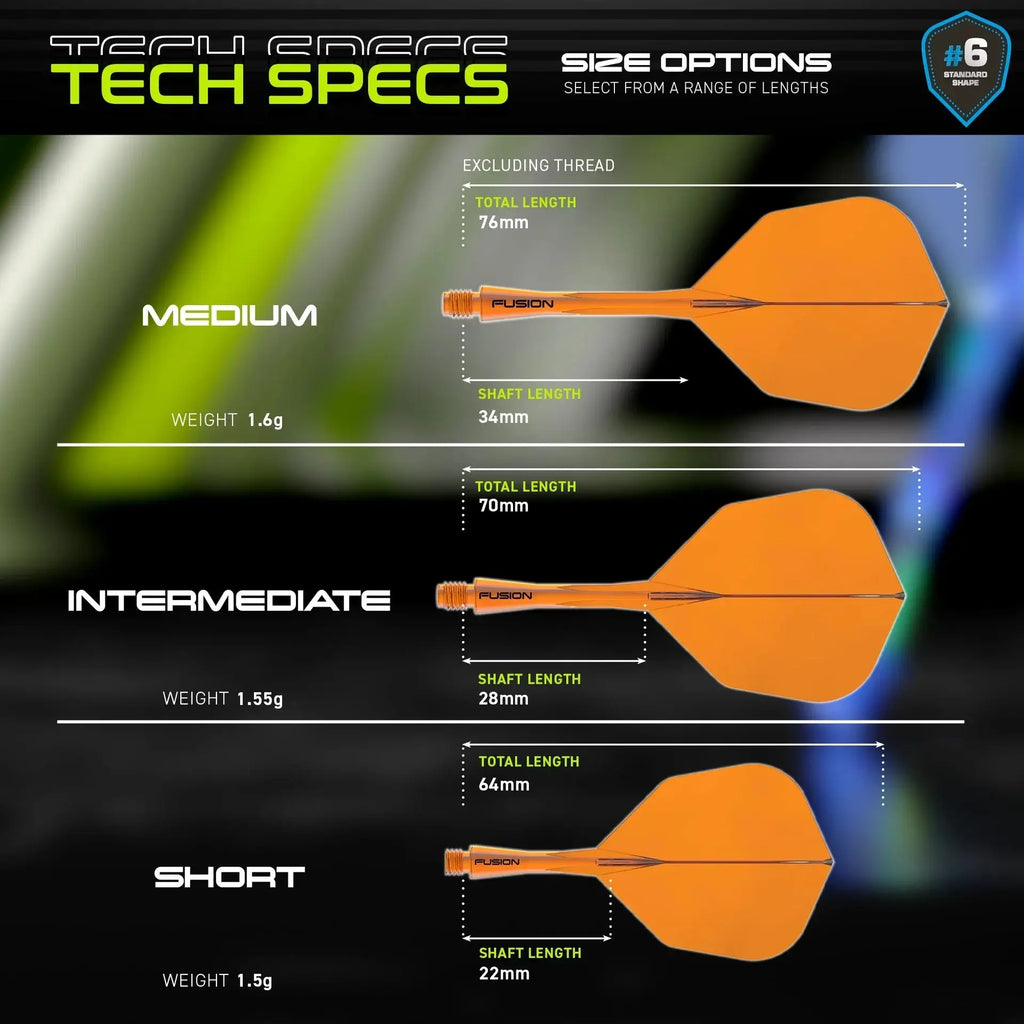 Technical specifications of orange darts with size options on a dark background