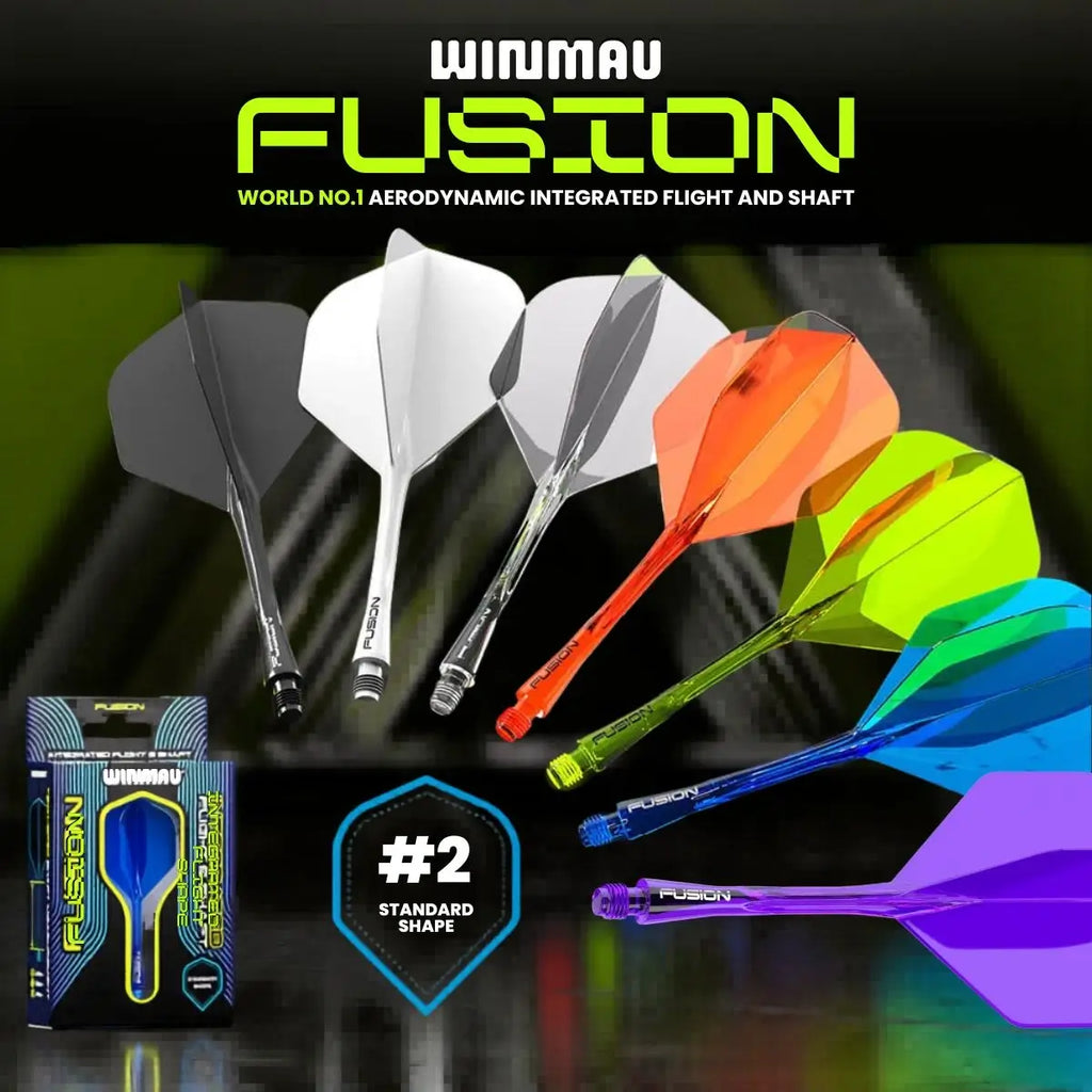 Winmau Fusion darts with various colored flights on a dark background