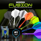 Winmau Fusion darts with various colored flights on a dark background