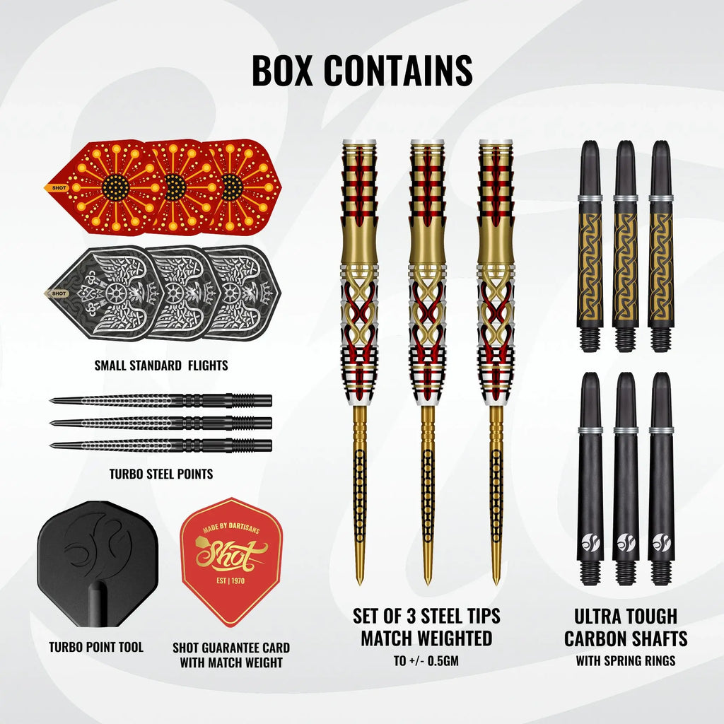 Box Contents of Shot Goths Alaric dart set with Koi Carbon shafts and Skildus & Eagle flights