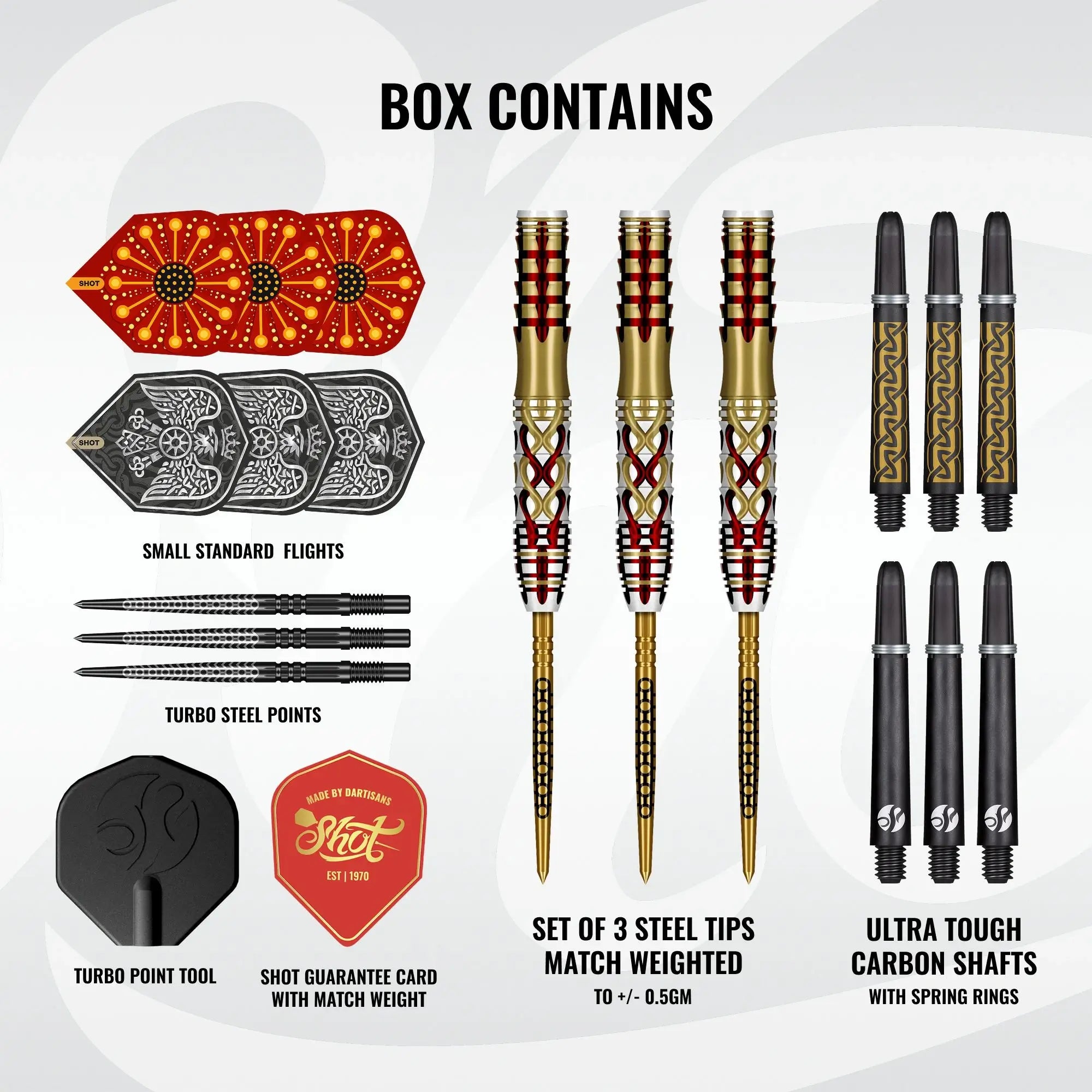 Box Contents of Shot Goths Alaric dart set with Koi Carbon shafts and Skildus & Eagle flights
