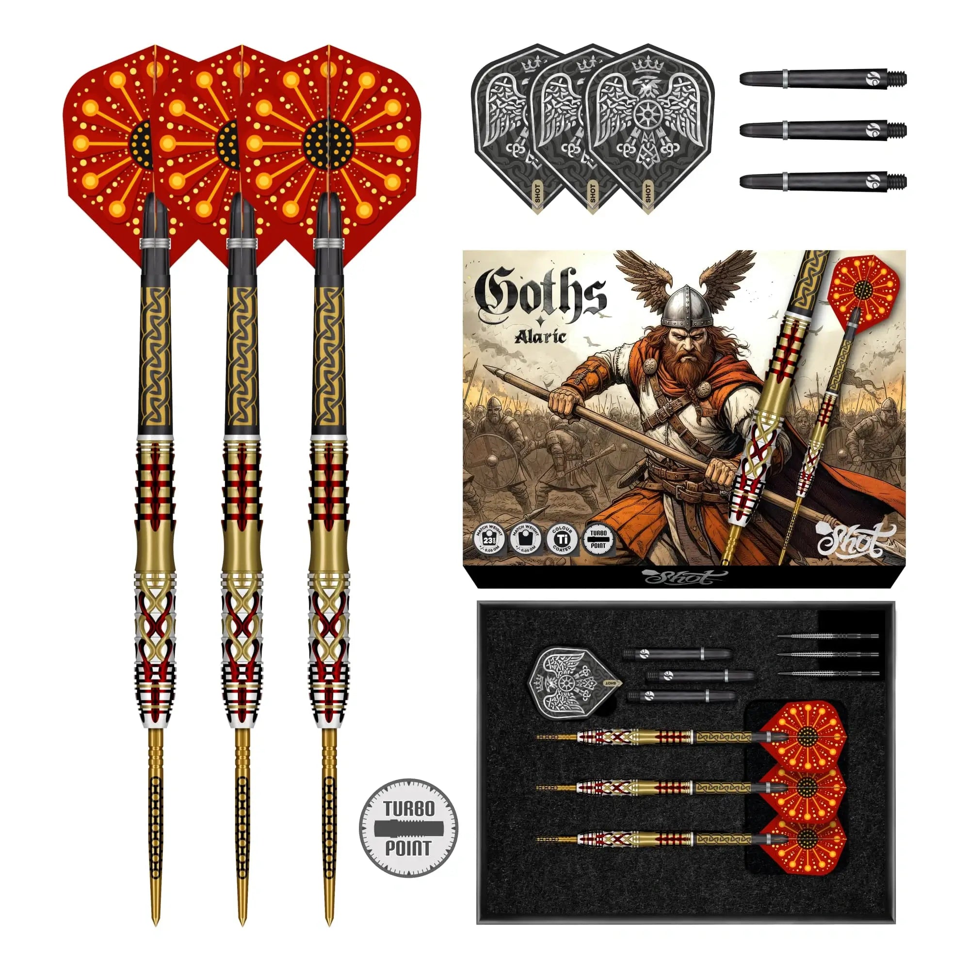 Shot Goths Alaric 95% tungsten steel tip darts, set of 3, Gold Titanium finish