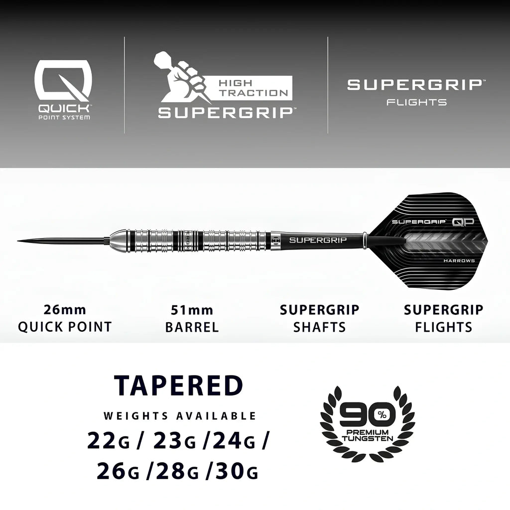 Harrows Supergrip Quick Point Tapered 90% Tungsten Steel Tip Darts