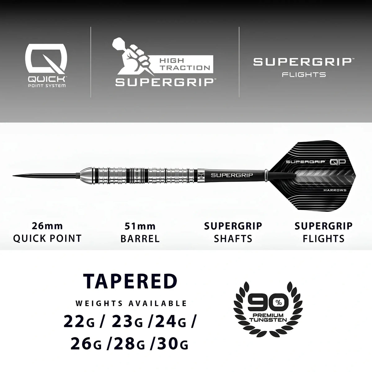 Harrows Supergrip Quick Point Tapered 90% Tungsten Steel Tip Darts