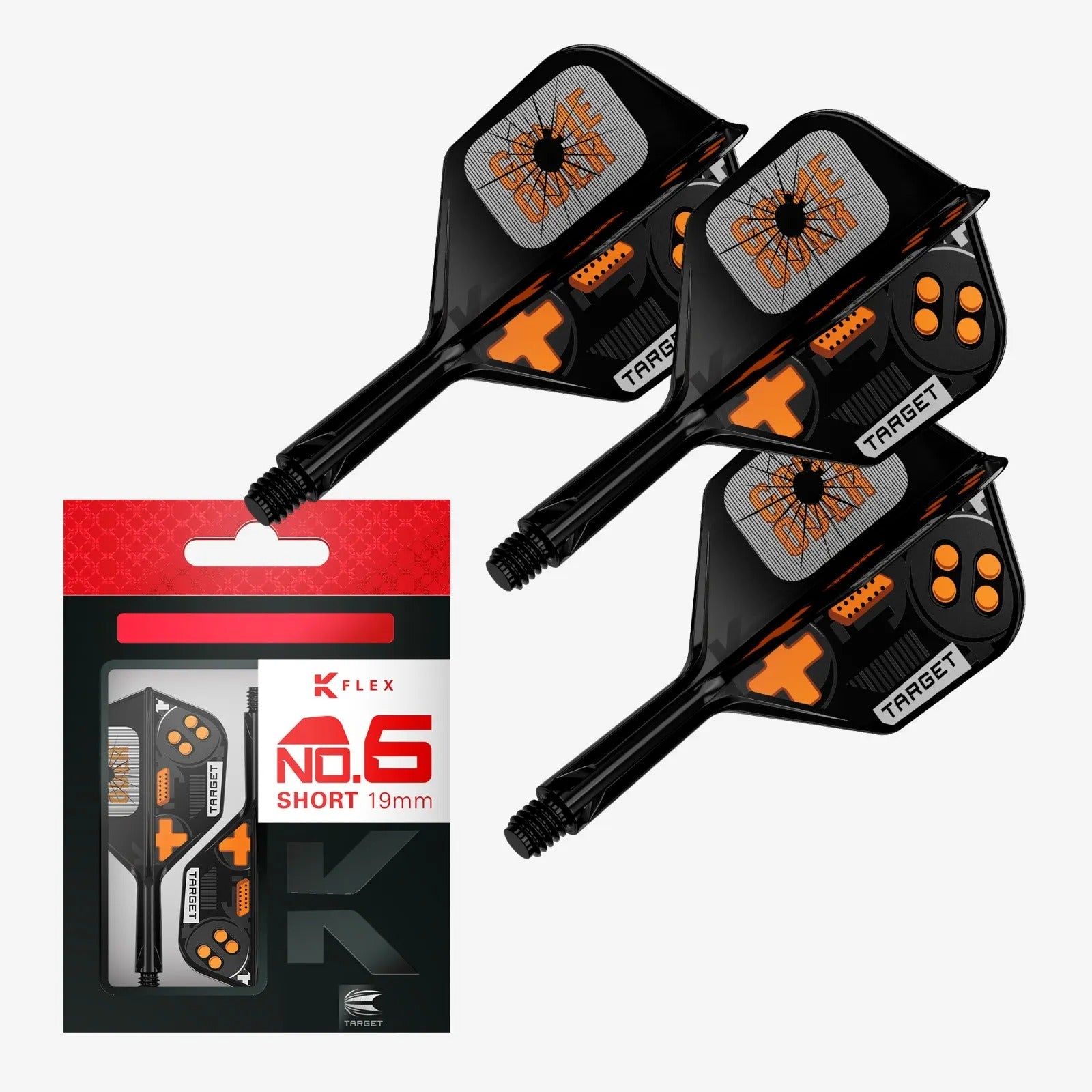 Three black darts with orange accents and a red and black packaging on a white background