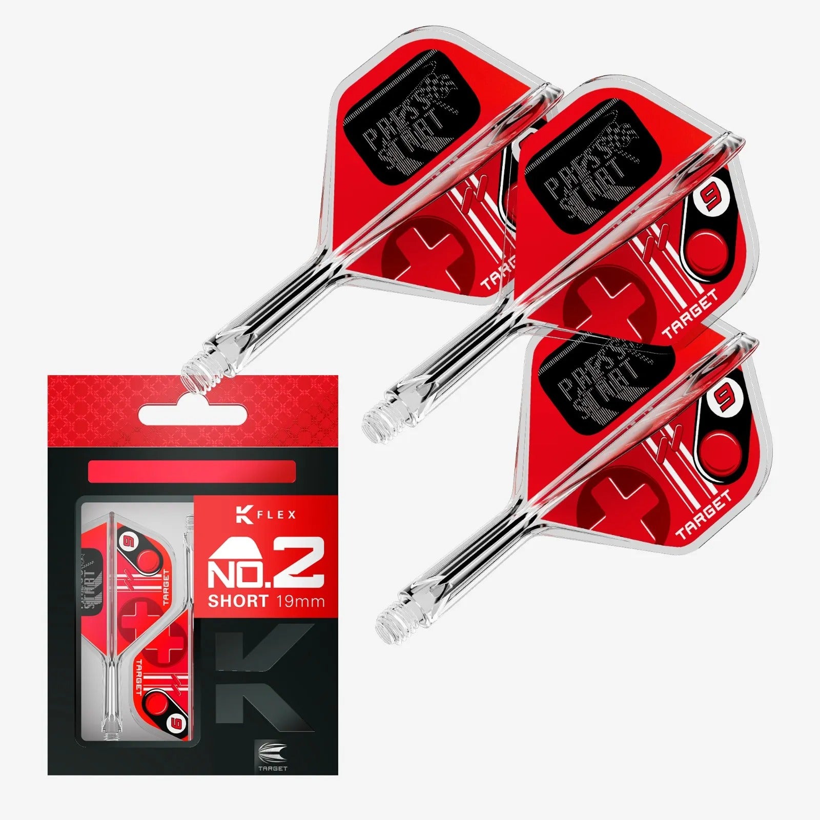 Two red darts with clear shafts and black nocks, displayed with their packaging on a white background.
