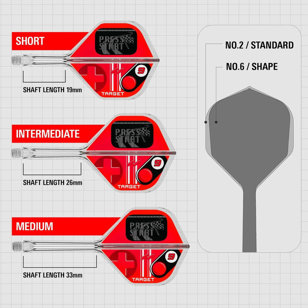 Dart flights with different lengths and a gray dart shape on a grid background