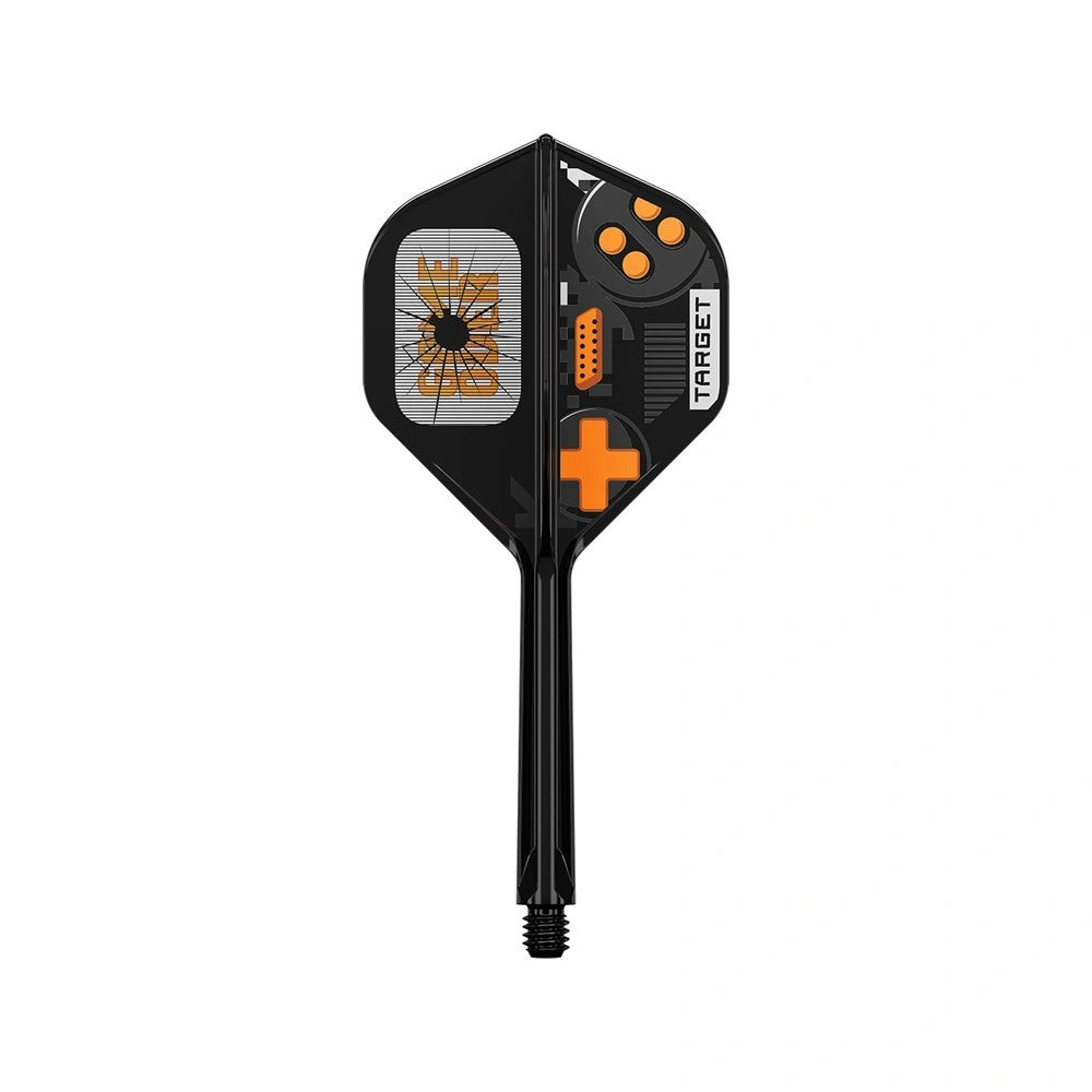Black dart with orange and white accents on a white background