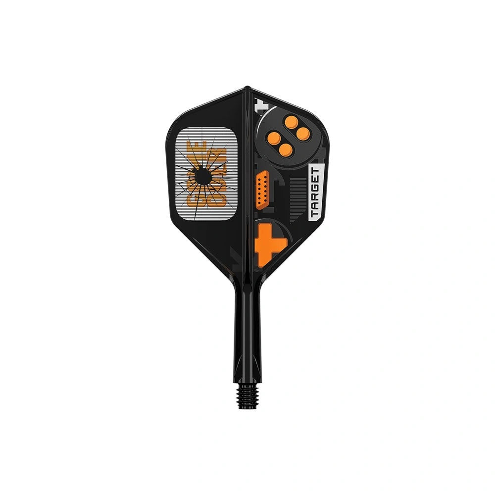 Black and orange dart flight with Target branding on a white background