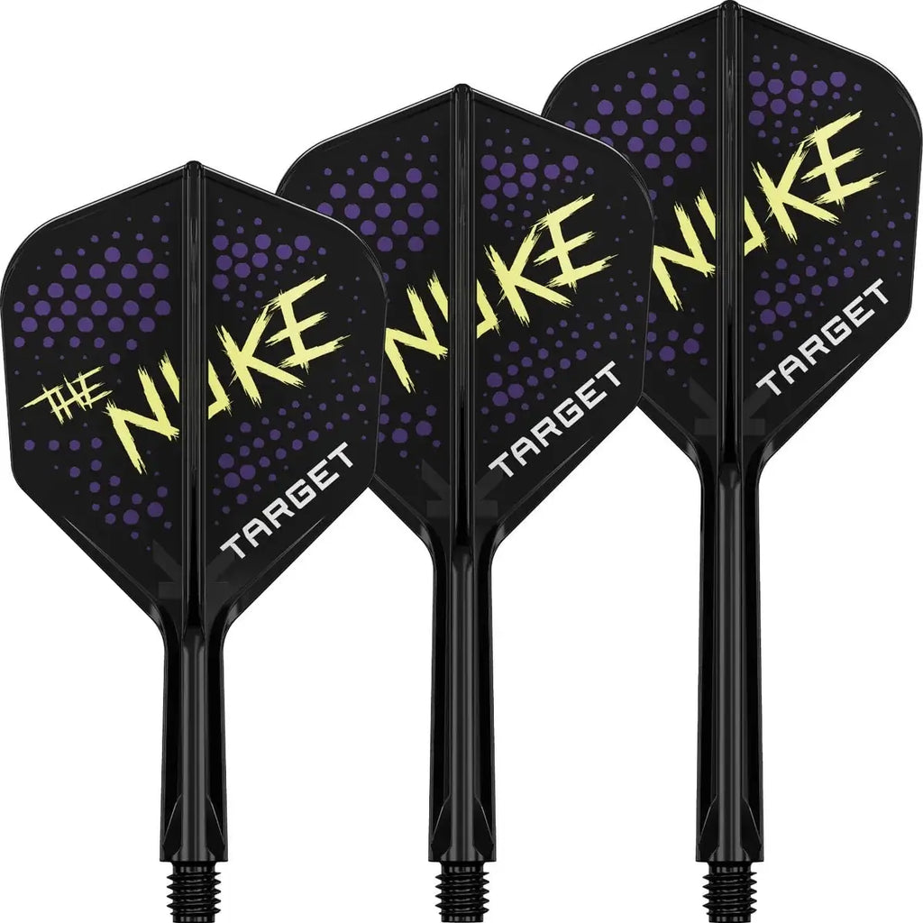Four black darts with purple speckles and yellow 'Nuke' branding on a white background.