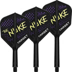 Four black darts with purple speckles and yellow 'Nuke' branding on a white background.