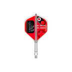 Dart flight with red and black design on a white background