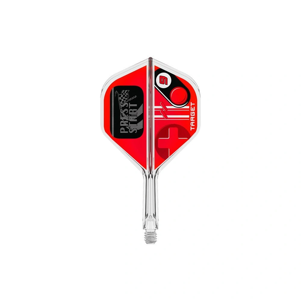 Dart flight with red and black design on a white background