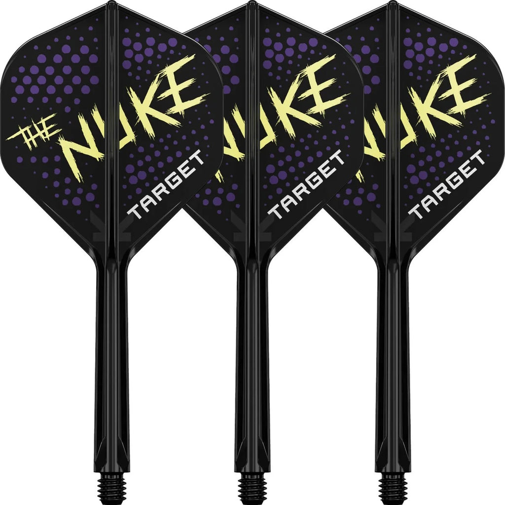 Four black darts with purple and yellow 'The Nuke' branding on a white background