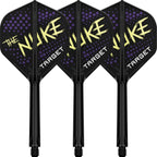 Four black darts with purple and yellow 'The Nuke' branding on a white background