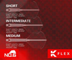 K Flex dart shafts with labeled dimensions and weights on a red background