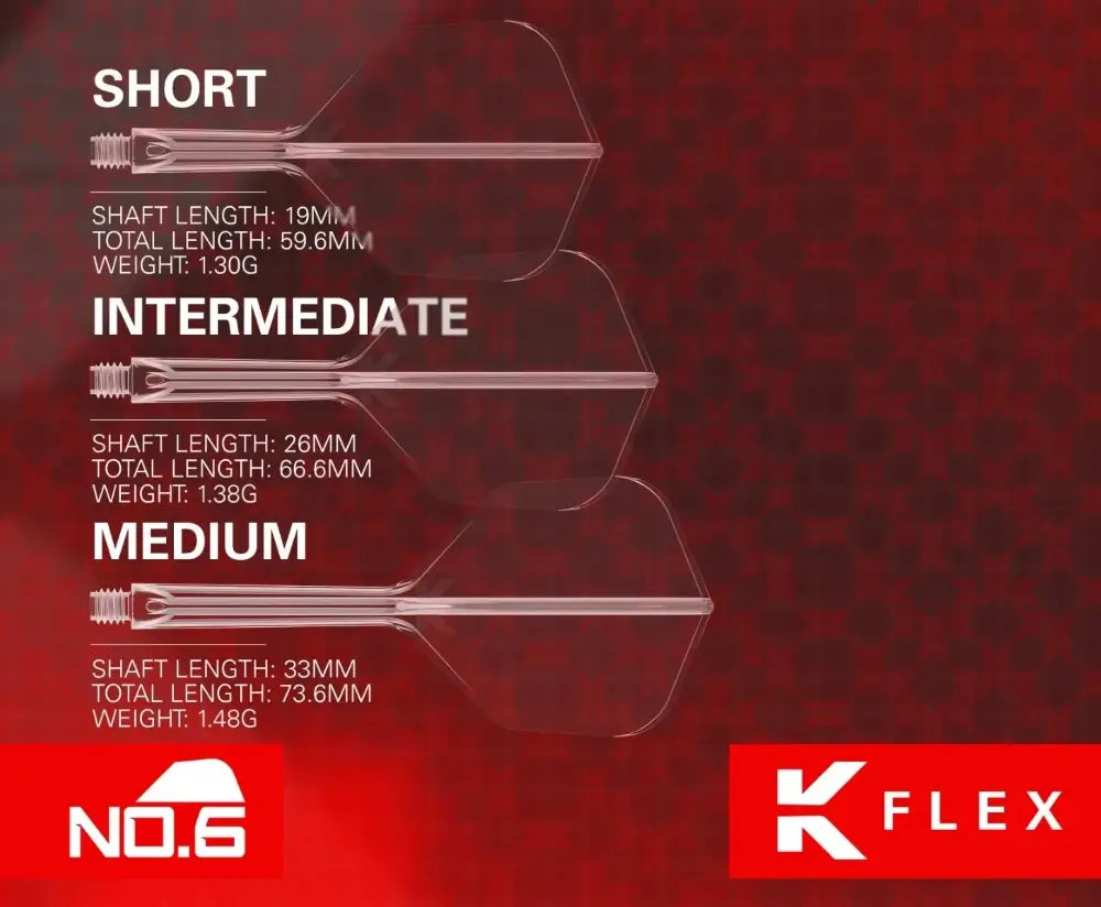 K Flex dart shafts with labeled dimensions and weights on a red background