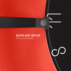 Red dartboard with black strap and white text indicating compatibility with all dartboards.