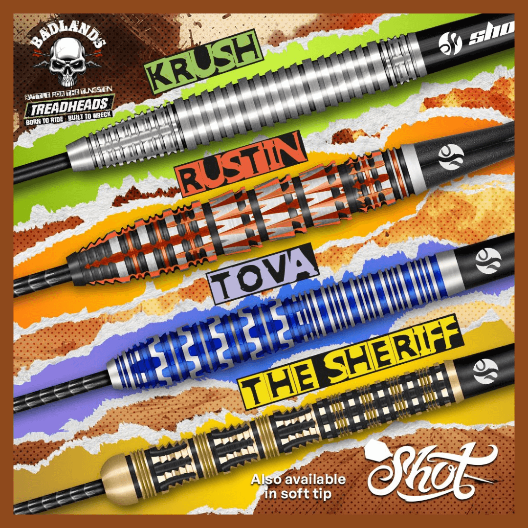 Set of darts with various names on a colorful background, featuring the brand 'Shot'.