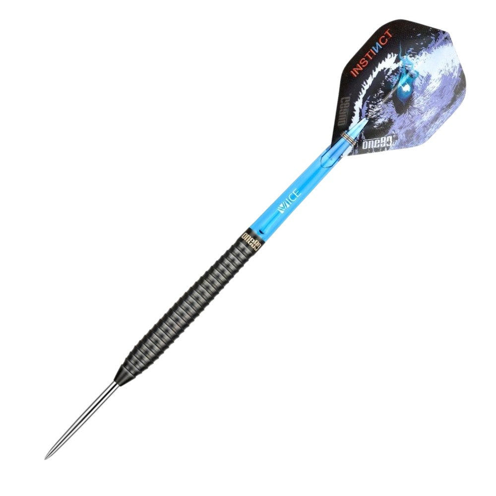 Blue dart with a black and white patterned flight on a white background