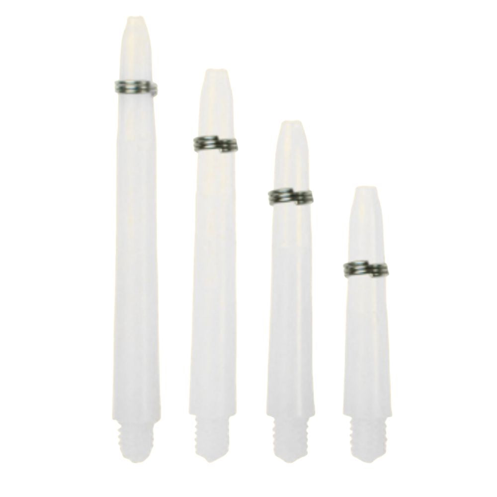 Set of four white darts with silver rings on a white background