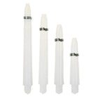 Set of four white darts with silver rings on a white background